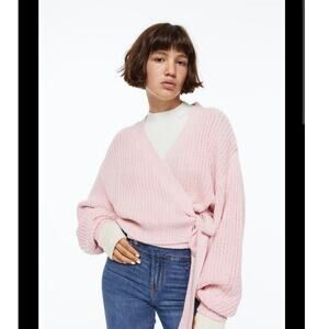 Pink Balletcore Chunky Knit Ribbed Cropped Wrap Cardigan Size XL